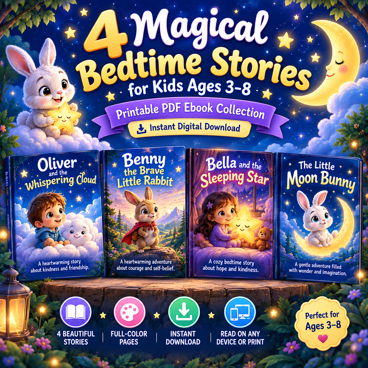 4 Premium Bedtime Stories for Kids Ages 3–8 | Magical Illustrated PDF Ebook Collection | Instant Download